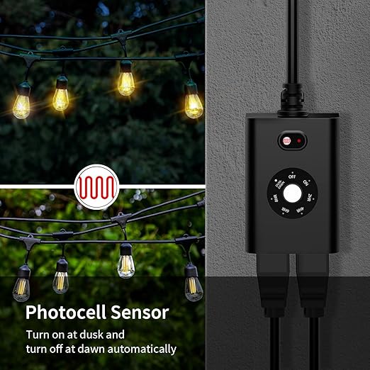 Minoston Outdoor Timer Outlet Waterproof 2 Pack, Dusk to Dawn Photocell Light - Image 3