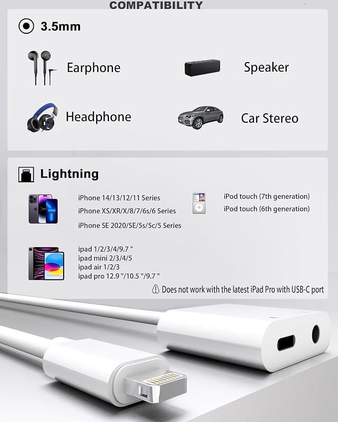 2 Pack Lightning to 3.5mm Headphone Jack Adapter, 2 in 1 Headphone Adapter Aux - Image 2