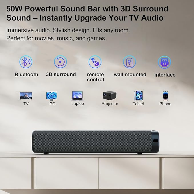 Sound Bar for Smart TV, Surround Sound System for TV – 50W Bluetooth Soundbar - Image 2