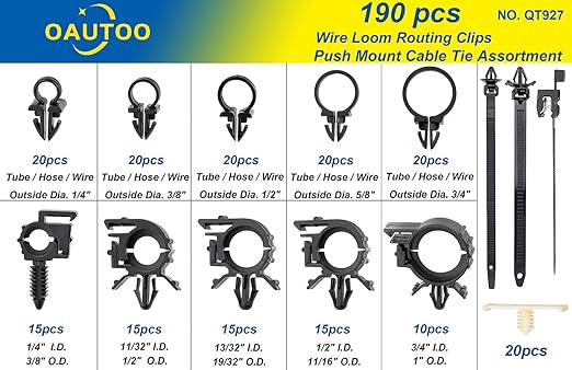 OAUTOO 190pcs Wire Loom Routing Clips Push Mount Cable Tie Assortment - Image 2