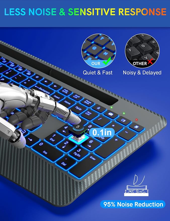 Wireless Keyboard with 7 Colored Backlit, Wrist Rest, Phone Holder, - Image 5