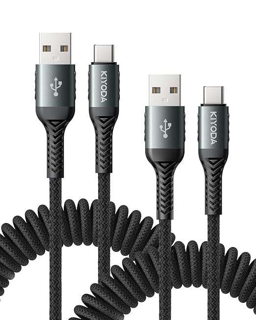 USB C Cable Coiled 6FT 2Pack, Braided USB A to Type C Charger Cable by KIYODA