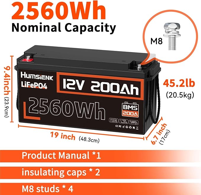 12V 200Ah LiFePO4 Lithium Battery, Built-in 200A BMS, Rechargeable Deep Cycles - Image 2