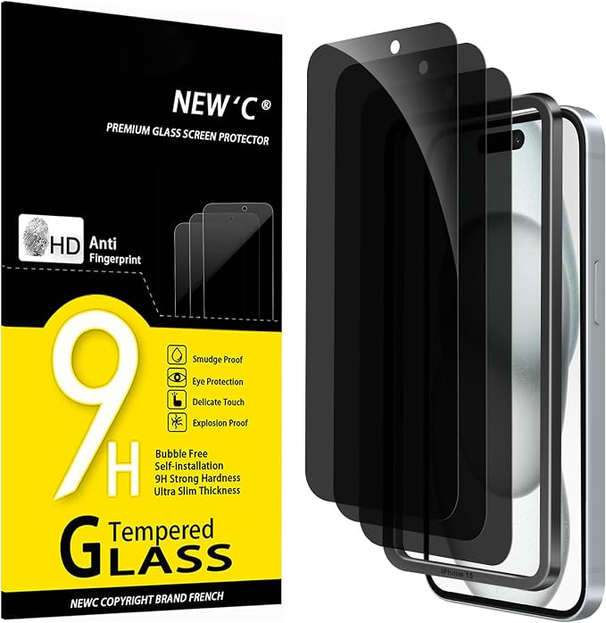 NEW'C 3 Pack Privacy for iPhone 16, iPhone 15 Screen Protector, Anti-Spy by NEWC