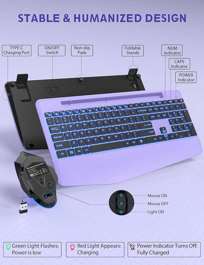 Wireless Keyboard and Mouse Backlits, Wrist Rest, LED Mouse, Rechargeable - Image 8