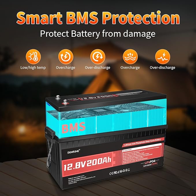 2 pack Dumfume 12V 200Ah LiFePO4 Lithium Battery, 2560Wh Energy, 1280W Load - Image 5