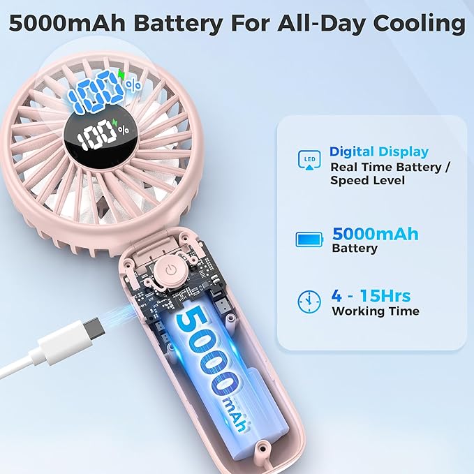Portable Handheld Fan, 5000mAh Rechargeable Battery, Max 15H Cooling, 4 Speeds - Image 4