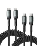 USB C to USB C Cable Coiled 6FT 2Pack, Braided Type C Charger by KIYODA
