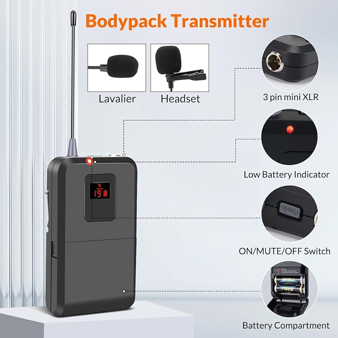 200-Channel Wireless Microphone, Wireless Lavalier Microphone Dual UHF Bodypack - Image 3