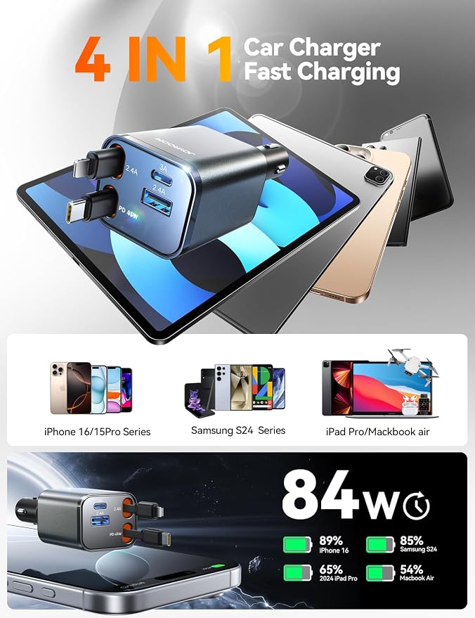 JOYROOM Retractable Car Charger 84W Car Charger USB C - Image 4
