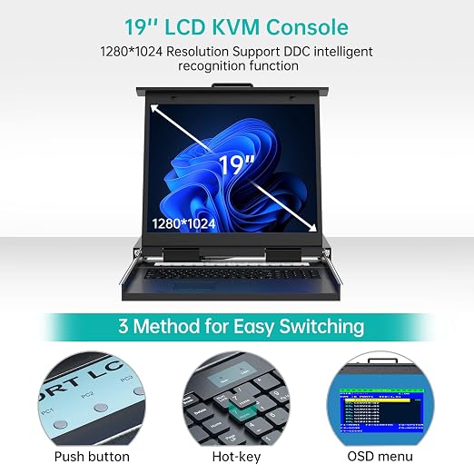 MT-VIKI KVM Rack Console w/19'' LCD Monitor, 8 Port VGA KVM Switch - Image 6