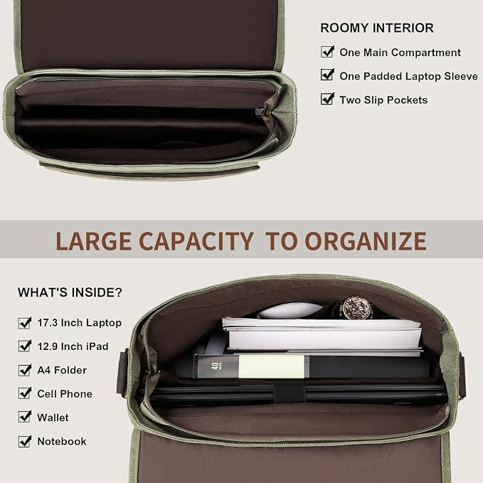 ESTARER Men's Messenger Bag 17.3 Inch, Water-resistant Canvas Laptop Bag - Image 7