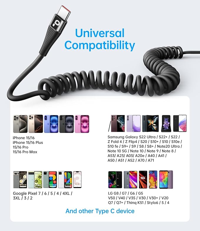 PRAKIE USB C Cable Fast Charging 5FT, Coiled USB A to USB C Cable - Image 7