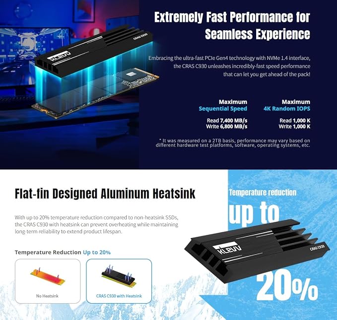 KLEVV CRAS C930 1TB M.2 2280 NVMe PCIe Gen4x4 Internal Gaming SSD Aluminium - Image 4