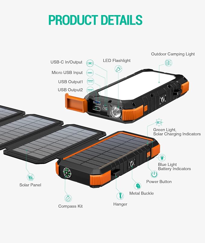 BLAVOR Solar Charger Power Bank, PD 18W Fast Charging 20000mAh Battery Pack - Image 8