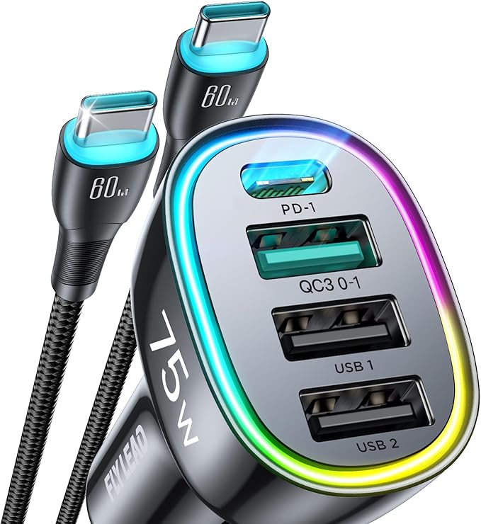 75W Car Charger USB C Cigarette Lighter Adapter 4-Port Fast Car Charger by Sincerityisworththewait