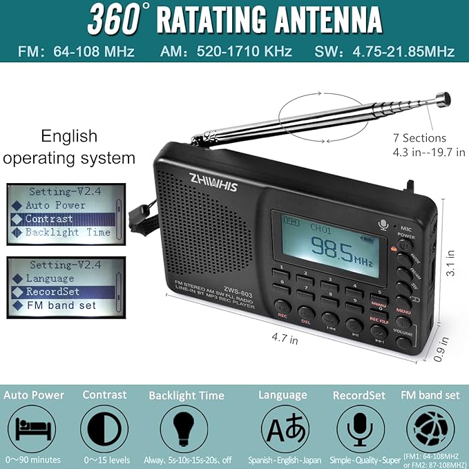 ZHIWHIS Portable Bluetooth Radio, FM AM Shortwave Radios - Image 2