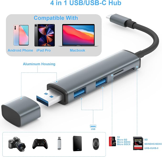 USB 3.0 SD Card Reader with Dual USB Ports, USB C SD Card Reader - Image 2