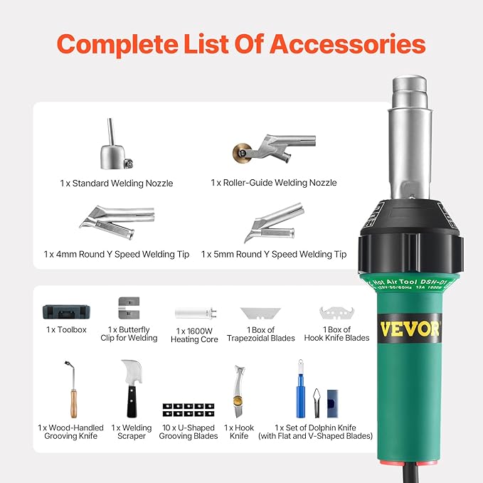 VEVOR Hot Air Plastic Welder, 1600W Hot Air Torch Pistol, 122-1112℉ PVC TPO - Image 6