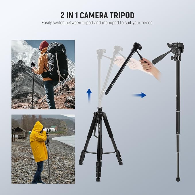 NEEWER Basic 74" Video Tripod Monopod, 3 Way Pan Tilt Head, Overhead Camera - Image 3