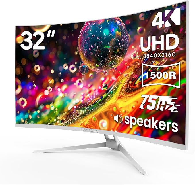 CRUA 32" White Curved Monitor, 4K UHD 1500R VA Screen, 75Hz Computer Monitor by CRUA