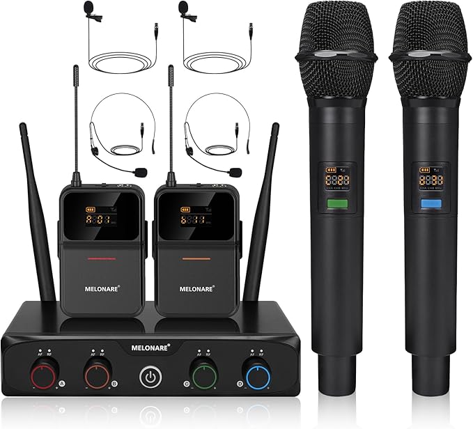 4-Channel Wireless Microphone System, UHF Cordless Mic Set w/ 4x10 Frequencies by MELONARE