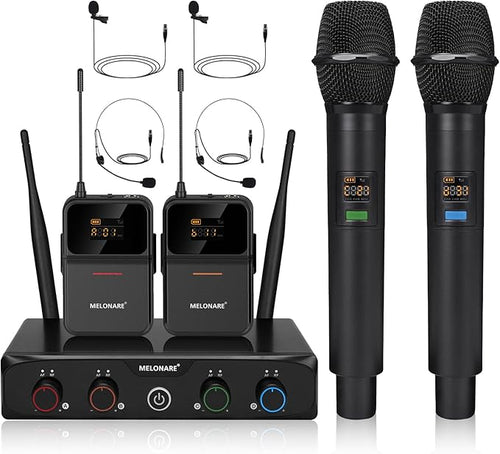 4-Channel Wireless Microphone System, UHF Cordless Mic Set w/ 4x10 Frequencies by MELONARE