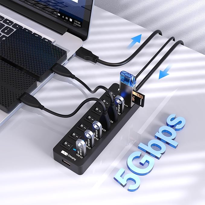 Powered USB Hub 3.0, VEMONT 7 Ports Multi USB hubs and 1 USB Smart Charging Port - Image 2