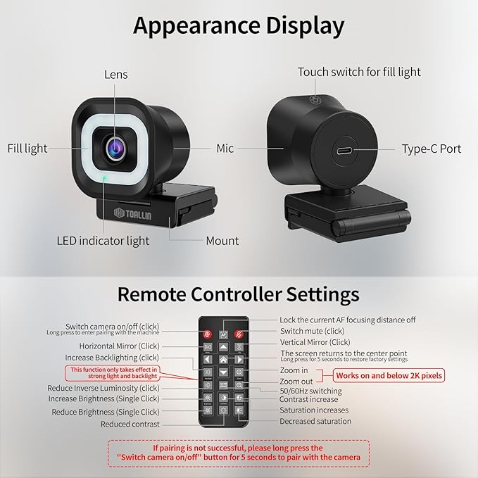 TOALLIN 4K Webcam with Ring Light, Remote Control, PDAF Autofocus, 1/2.5" - Image 7