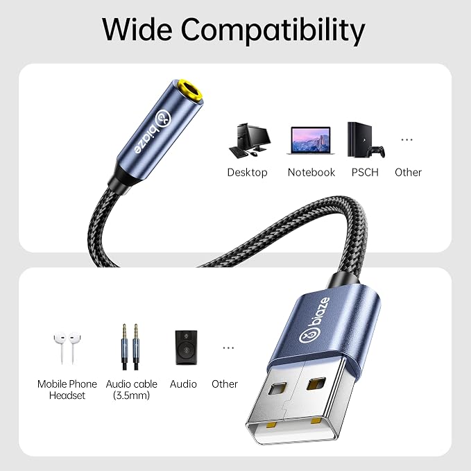USB to 3.5mm Jack Audio Adapter, External Stereo Sound Card USB-A to Audio Jack - Image 2