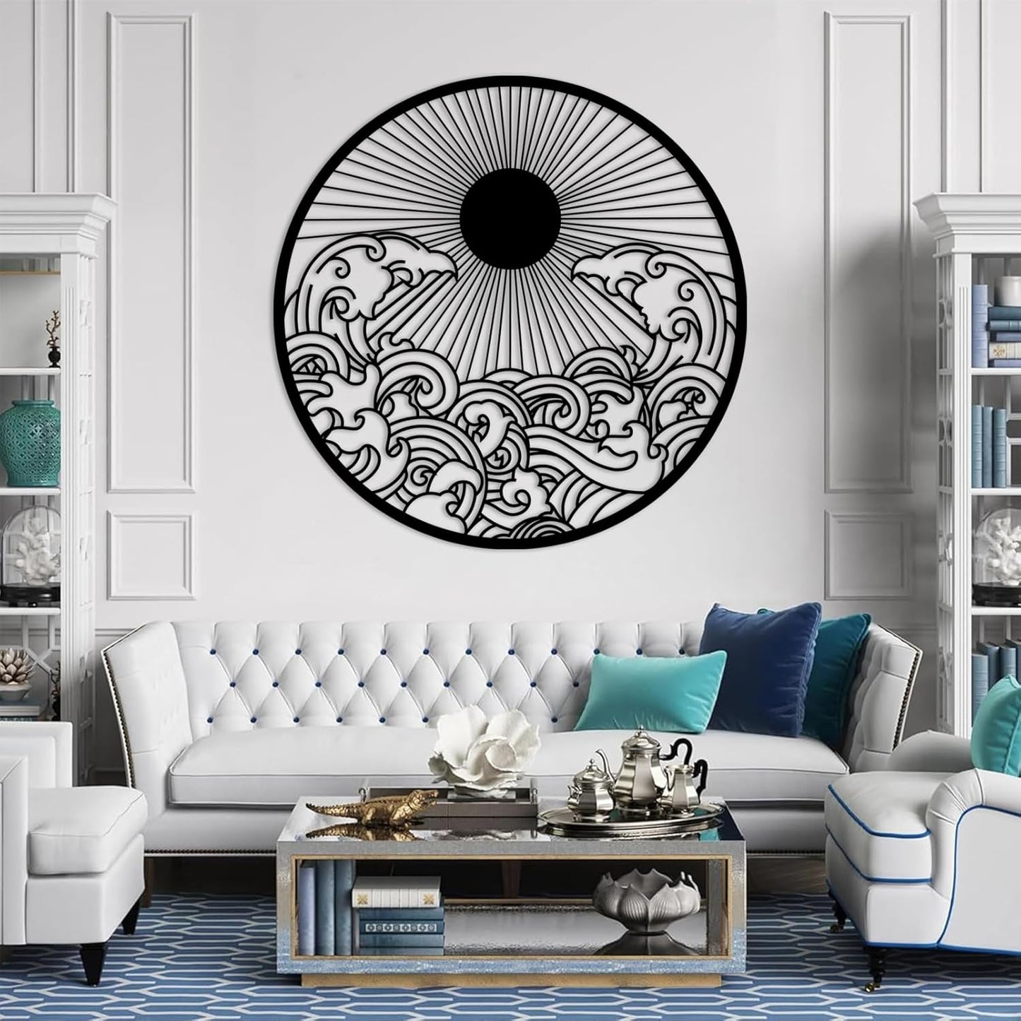 flyoak Metal Sun Wall Decor Outdoor, Sunrise Metal Wall Art, Metal Wave Wall Art, Sunrise and Wave Wall Decor, Sunburst Wall Art, Sunset Wall Art, Wall Hangings for Bedroom (Black, 19x19in|47x47cm)