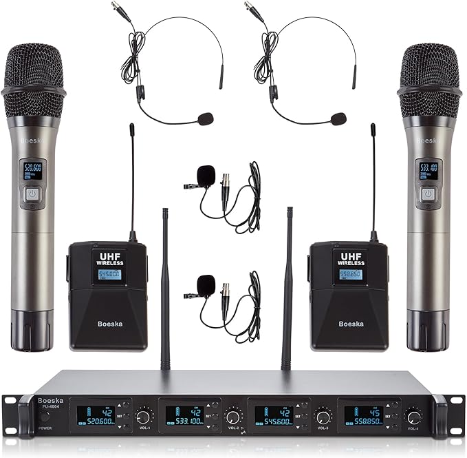 4 Channel Wireless Microphone System UHF 2 Cordless Handheld Mics and 2 by Boeska