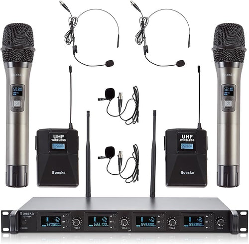 4 Channel Wireless Microphone System UHF 2 Cordless Handheld Mics and 2 by Boeska