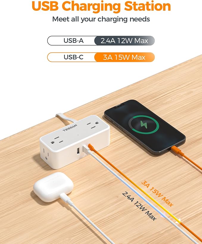 Flat Extension Cord 15 FT, TESSAN Surge Protector Power Strip - Image 6