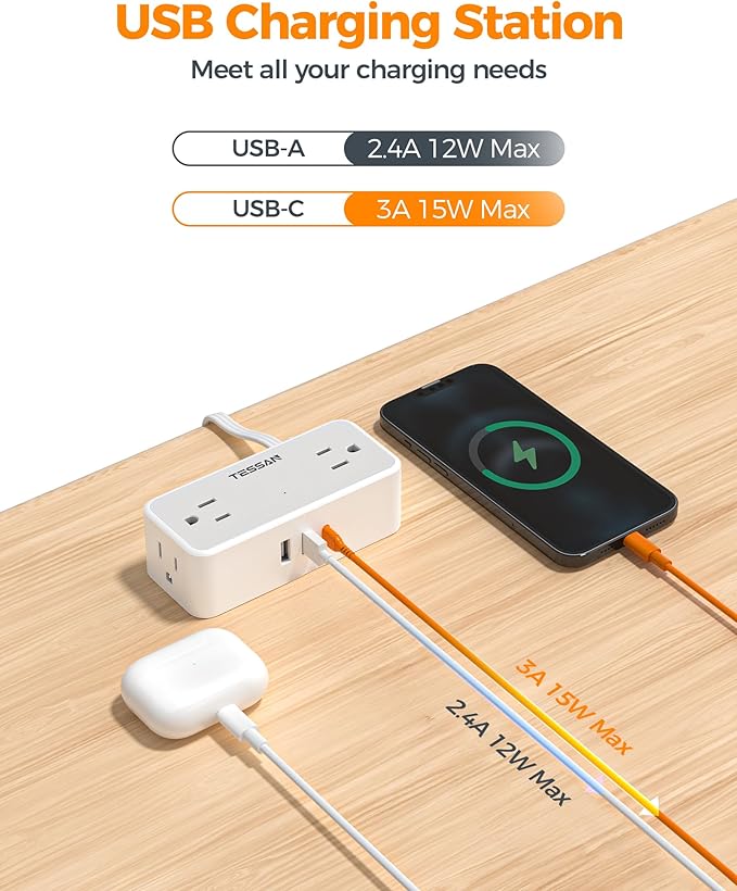 TESSAN Flat Plug Extension Cord 5 FT, Surge Protector Power Strip - Image 5