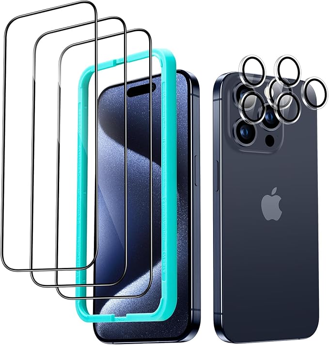ESR 3+2 Pack for iPhone 15 Pro Screen Protector, 3 Black Edge Tempered-Glass by ESR