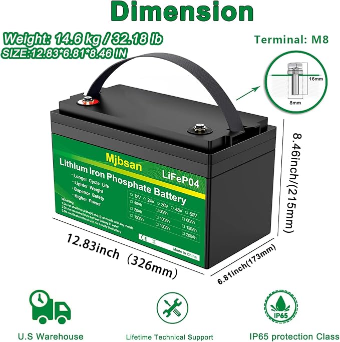 12V 170Ah LiFePO4 Battery, Built-in 150A BMS - Image 2