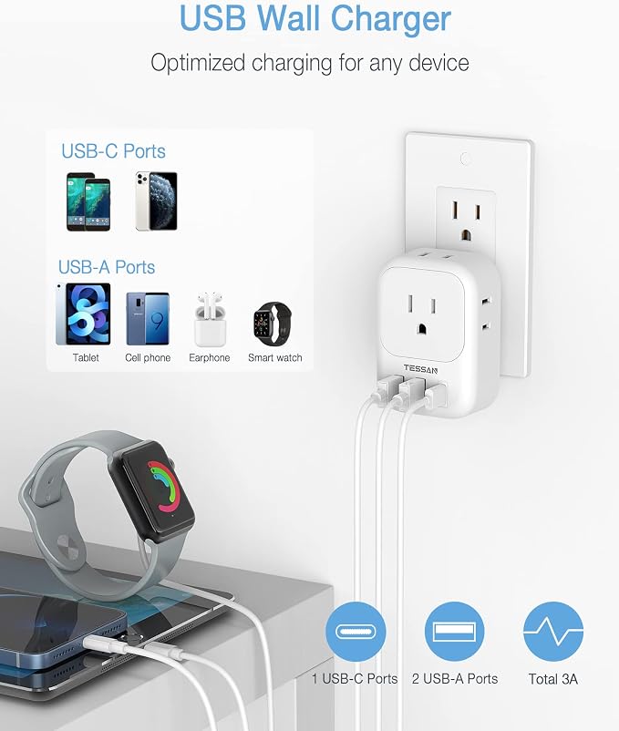 USB Wall Charger, TESSAN Wall Plug Adapter Outlet Extender, 3 Charger Block - Image 3
