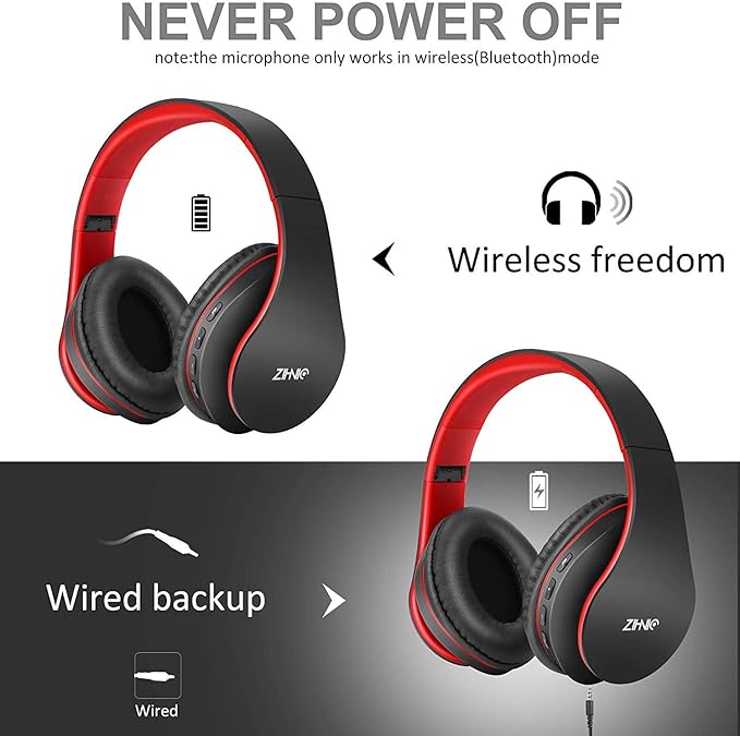 ZIHNIC Bluetooth Headphones Over-Ear, Foldable Wireless and Wired Stereo - Image 2
