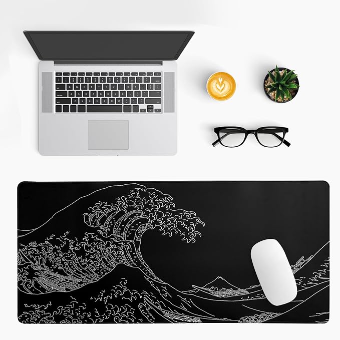 Japanese Sea Wave Large Mouse Pad Abstract Black Mouse Pad 31.5x11.8 Inch Black - Image 3