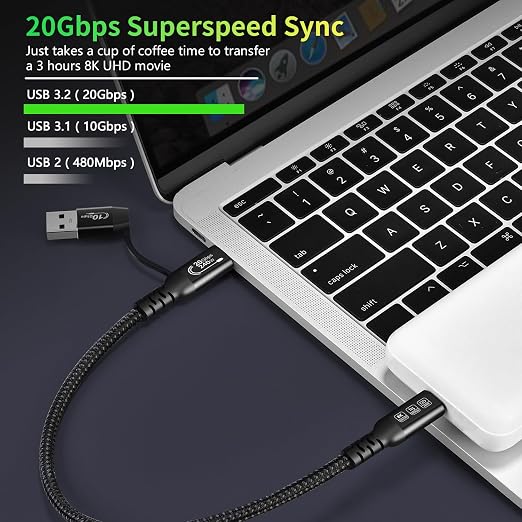 CABLEDECONN USB2.0 A to USB C 3.2 Type C 20Gbps Male to Male Detachable 0.5m - Image 7