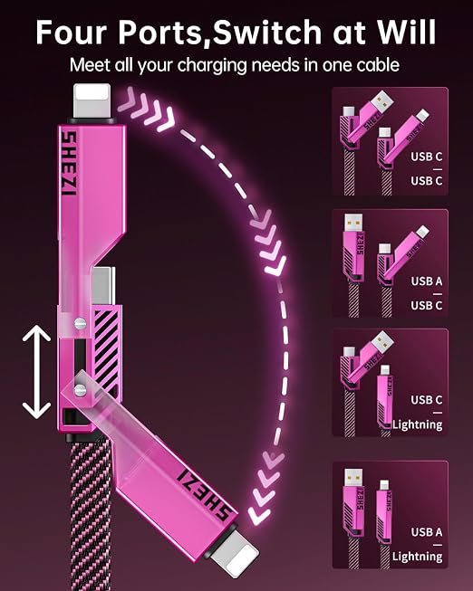SHEZI 4-in-1 USB C Cable 60W 5FT Fast Charging Flat Nylon Braided Charger Cord - Image 2