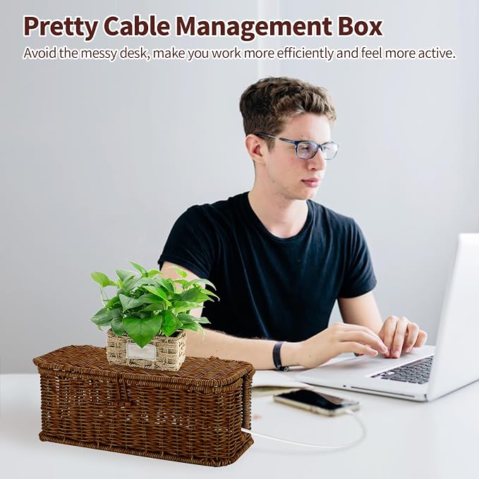 Cable Management Box, Desk Handwoven Rattan Cord Hider Organizer Box - Image 3