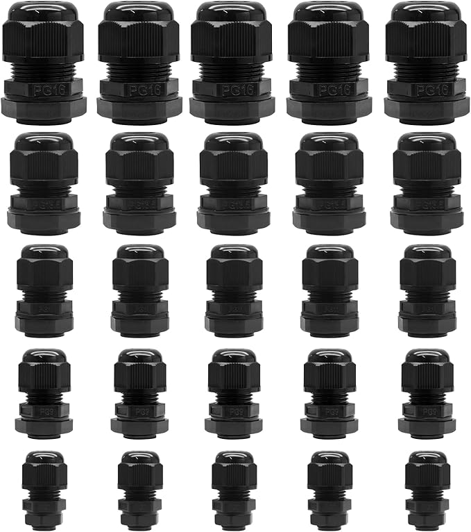 25 Pcs Nylon Cable Glands, PG7 PG9 PG11 PG13.5 PG16 Strain Relief Cable Cord by Kyuionty