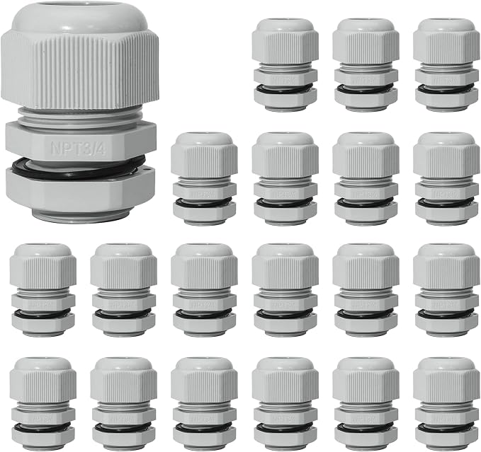 20 Pcs 3/4" NPT Nylon Cable Glands, IP68 Waterproof Adjustable Cord Grip Cable by Bonsicoky