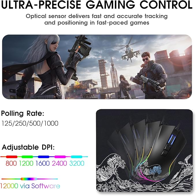 HITIME XVX Wired Gaming Mouse, 12000 DPI RGB Mouse - Image 3