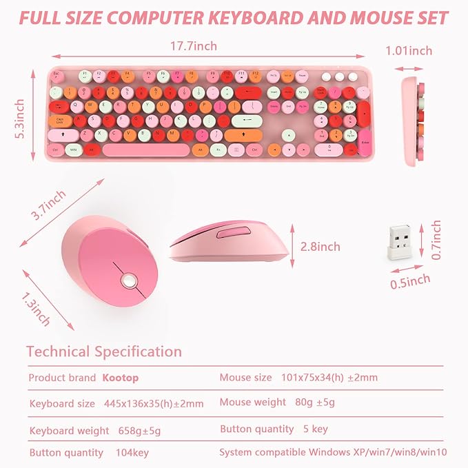 Cute Pink Wireless Keyboard and Mouse, 2.4G Retro Round Keycap - Image 9