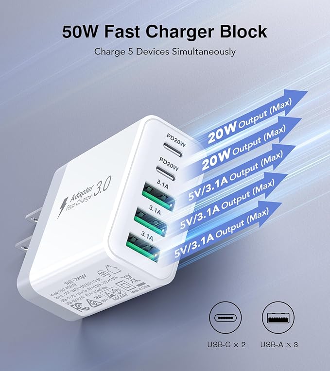 USB C Charger Block, 60W 5-Port Type C Charger Fast Charging Block, USBC USB - Image 2