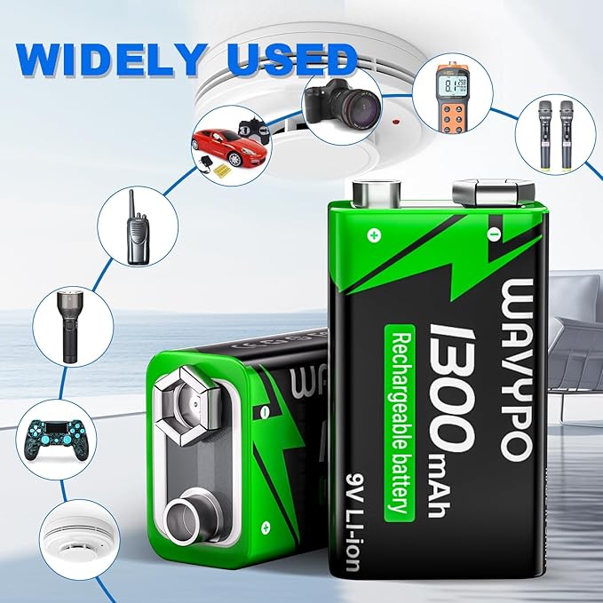 3-Pack 1300mAh Rechargeable 9V Batteries, 9 Volt Lithium Batteries USB-C Charge - Image 6