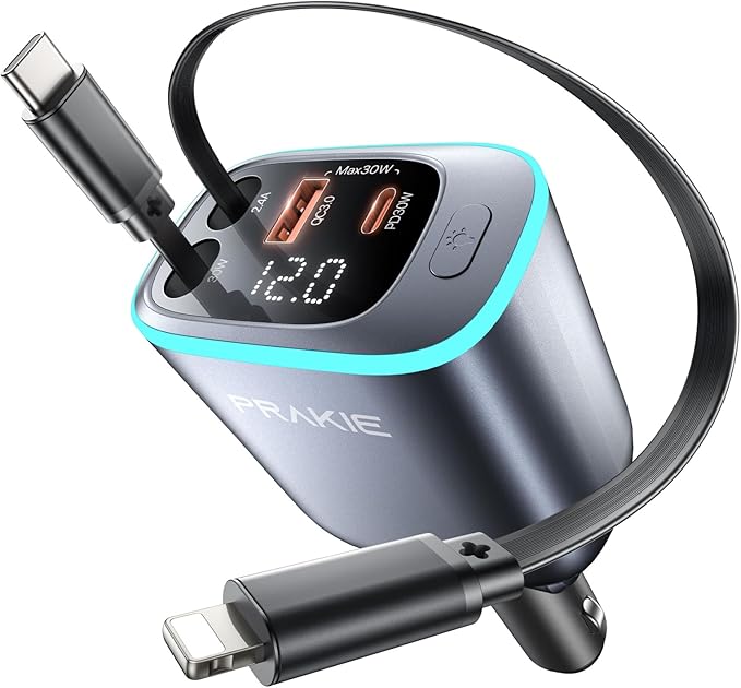 iPhone Car Charger, Retractable Fast USB C Phone Charger, 4 in 1 Cigarette by PRAKIE